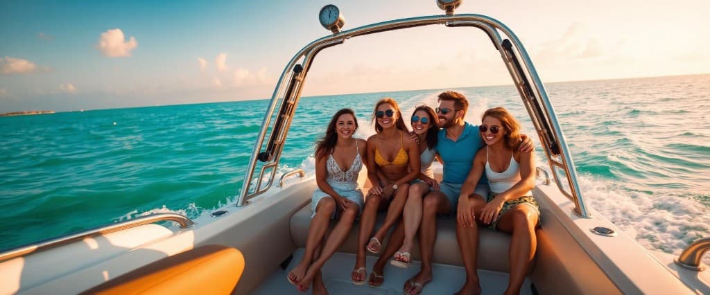 Miami Wake Club crew on the back of a wakesurf boat on turquoise water