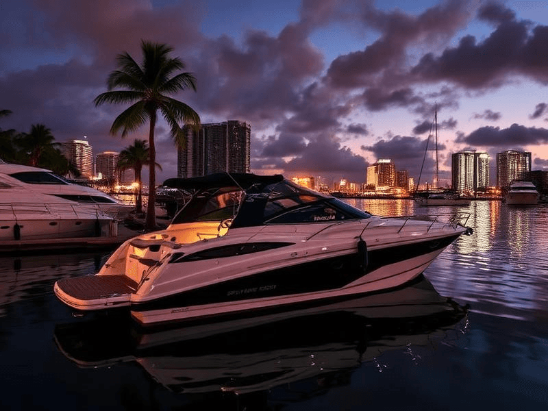 WakeXscape boat docked at Miami Beach Marina at sunset