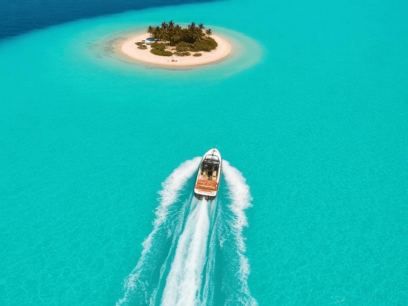 Aerial view of a wakesurf boat crossing turquoise water toward a small palm island