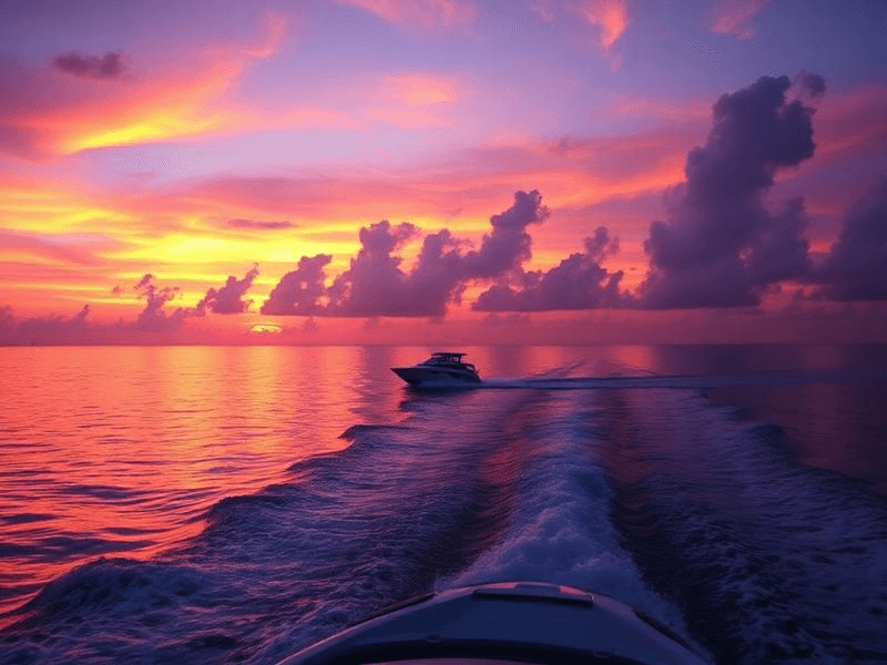 Wakesurf boat cruising into a pink Miami sunset