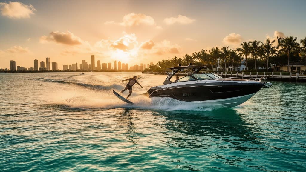 Wakesurfer carving behind a boat at sunset on Biscayne Bay with the Miami skyline in the background