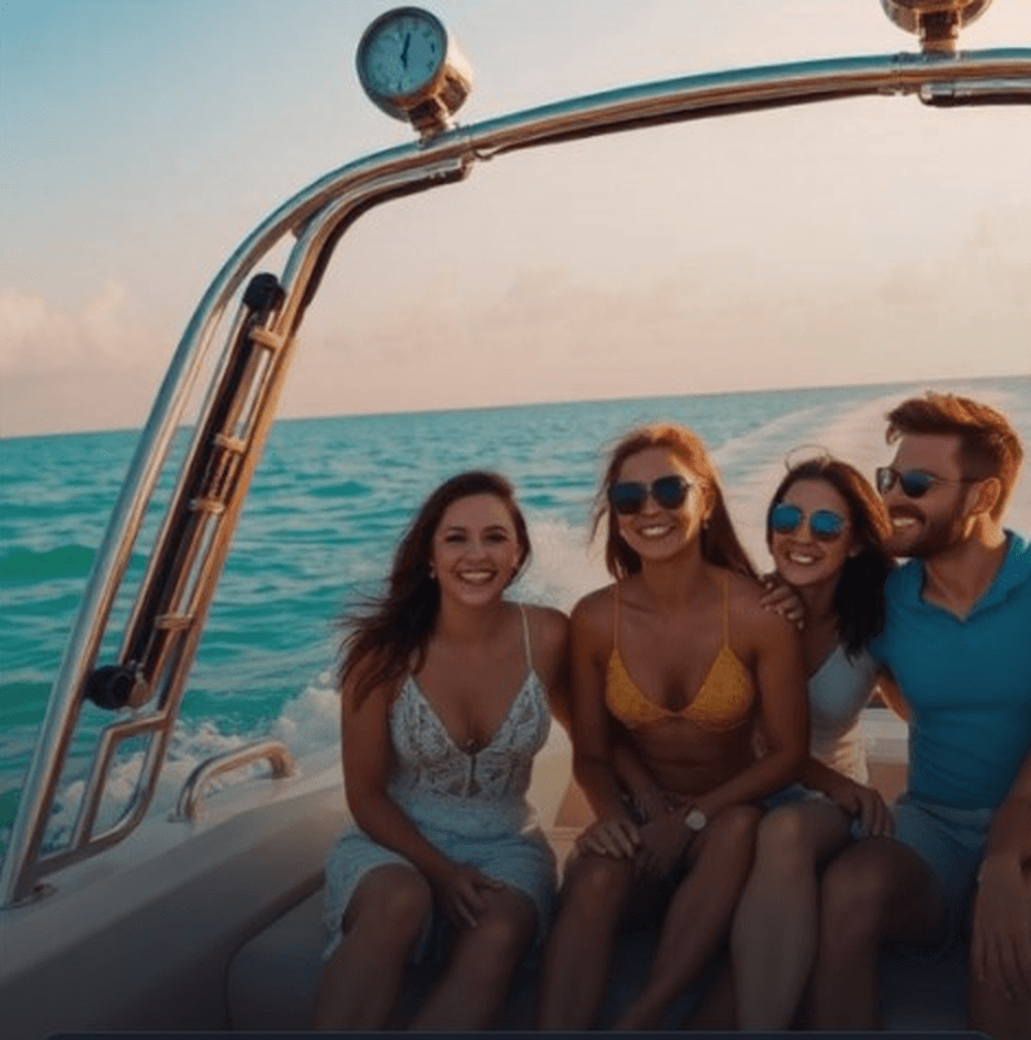 Women smiling together on the boat at golden hour